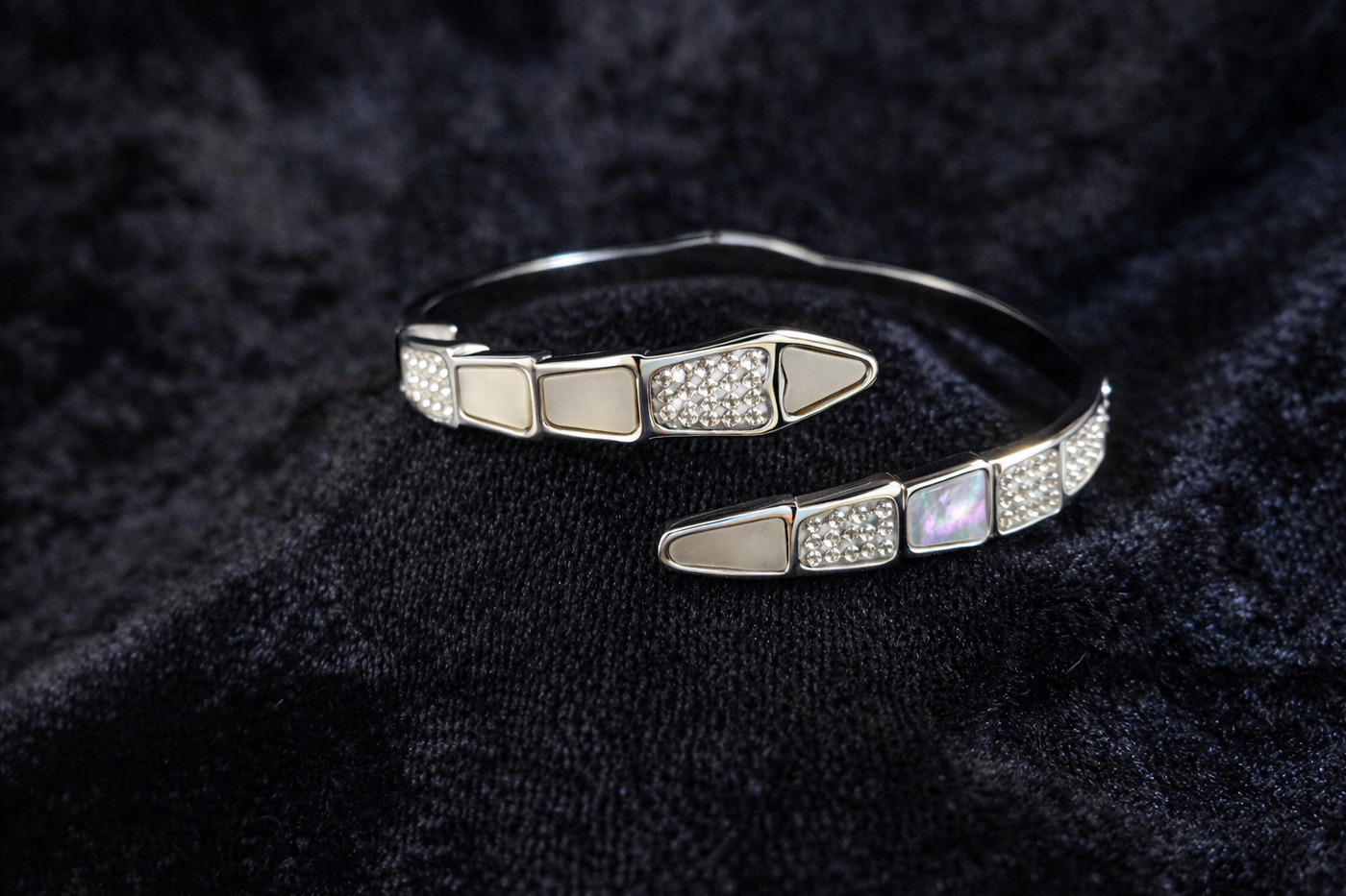 Silver Cuff Bracelet with Mother of Pearl & Crystals