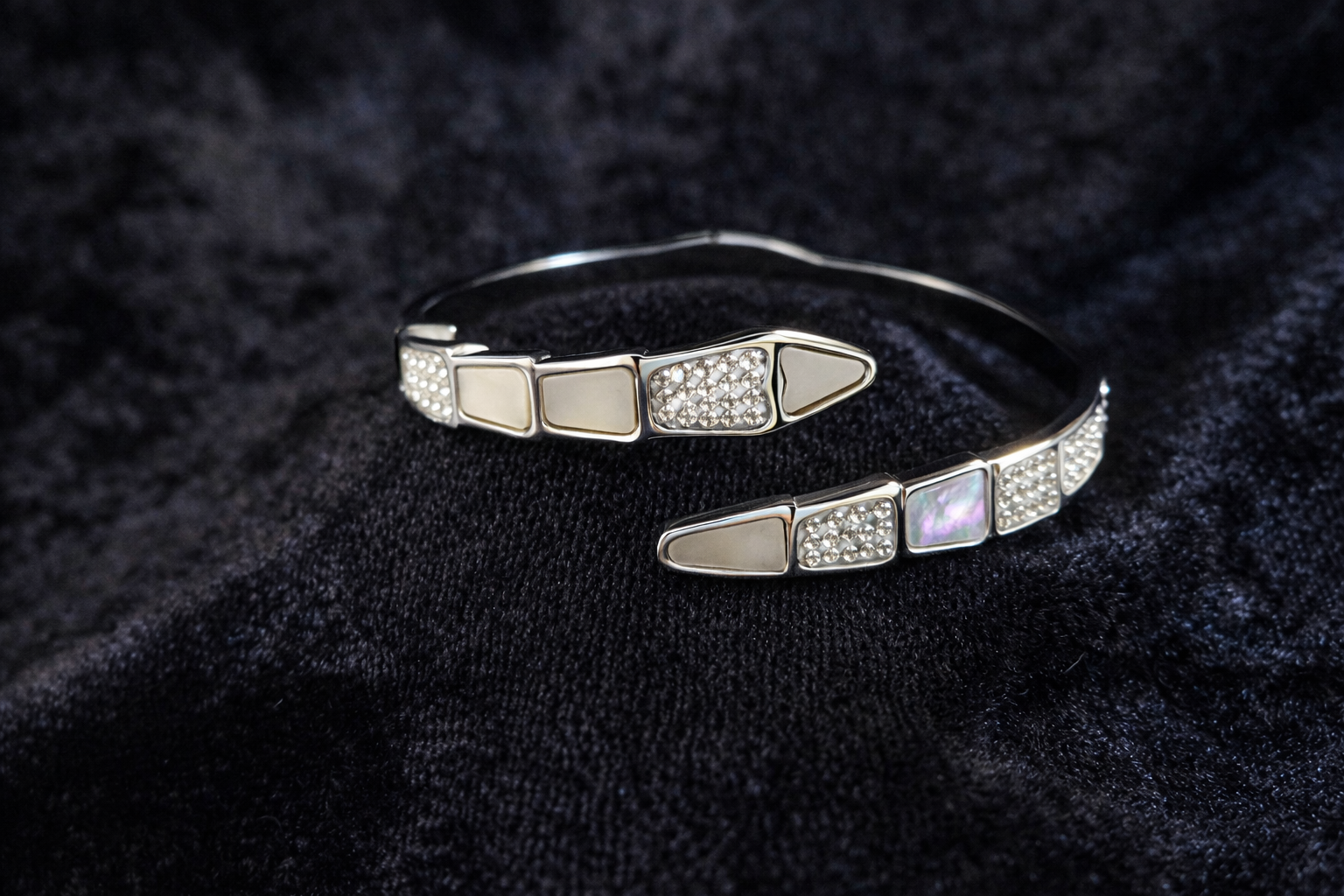 Silver Cuff Bracelet with Mother of Pearl & Crystals