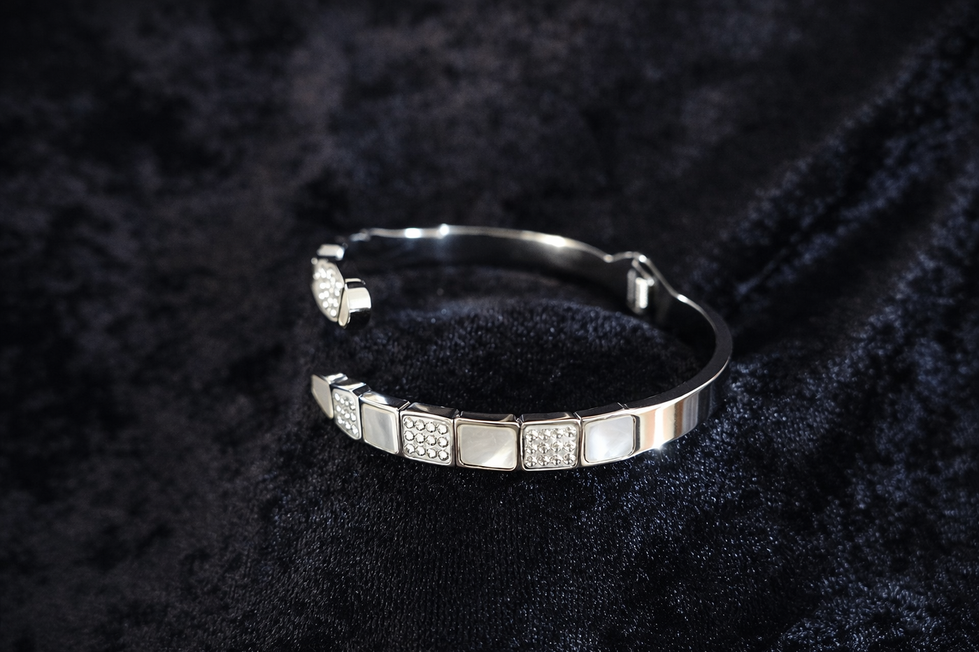 Silver Cuff Bracelet with Mother of Pearl & Crystals