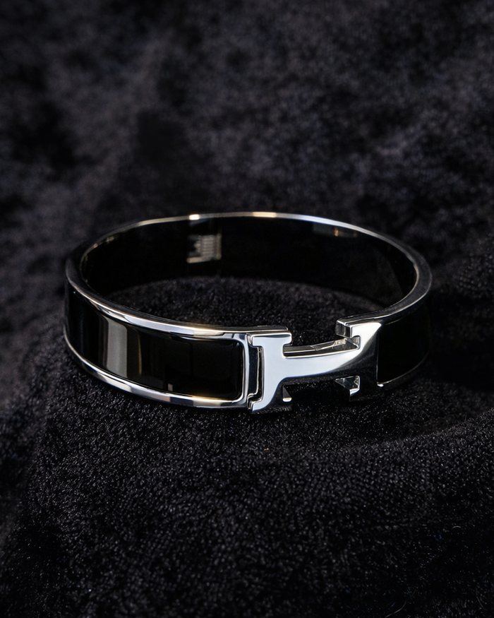 Sleek Black Enamel Silver Bangle