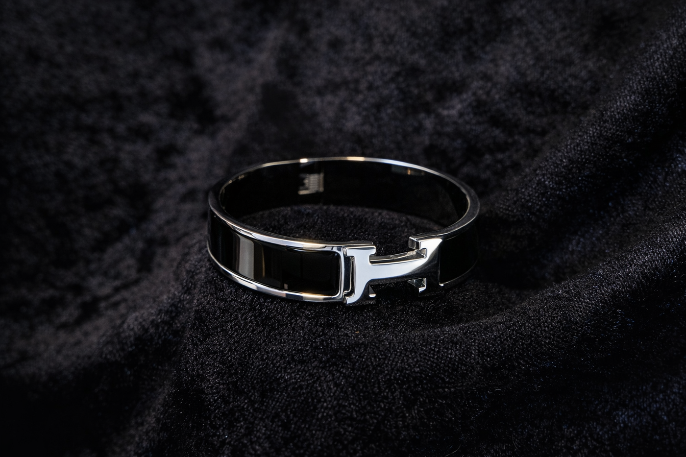 Sleek Black Enamel Silver Bangle