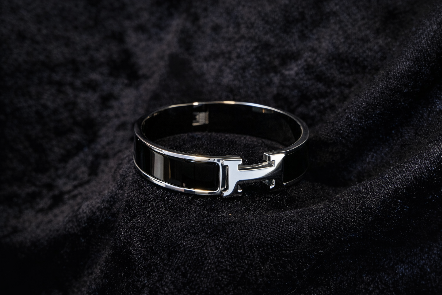 Sleek Black Enamel Silver Bangle