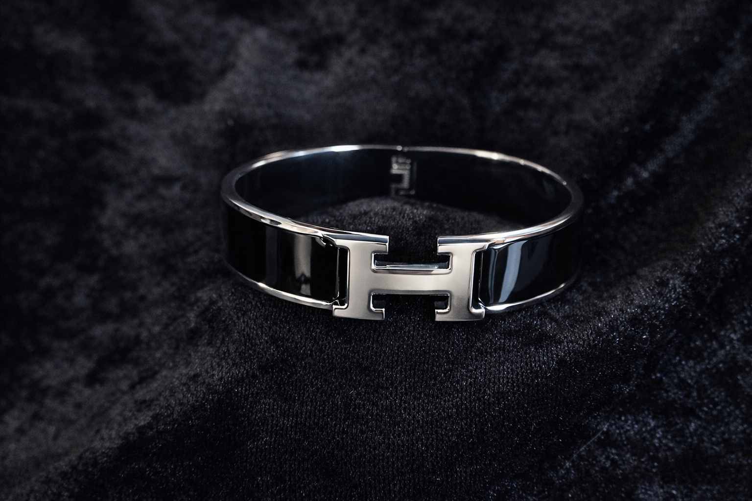 Sleek Black Enamel Silver Bangle