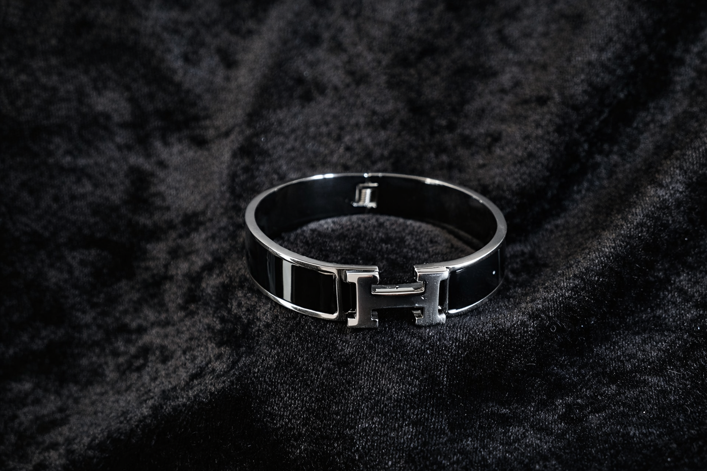 Sleek Black Enamel Silver Bangle
