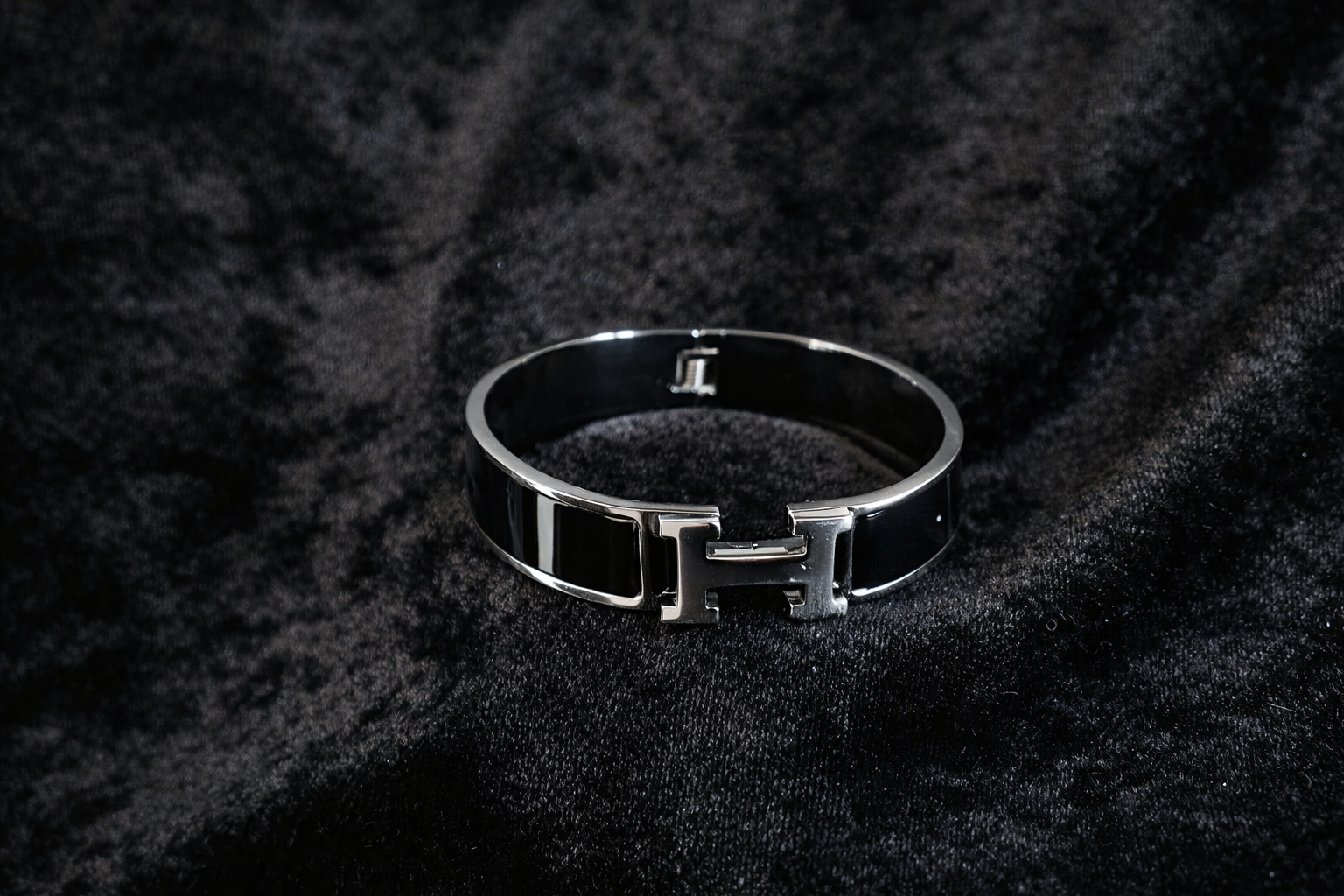 Sleek Black Enamel Silver Bangle