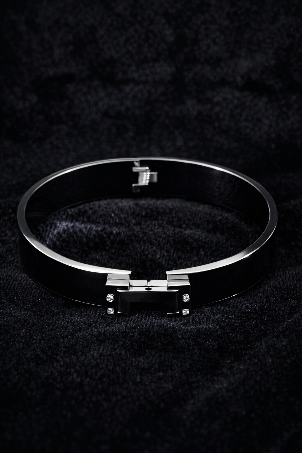Sleek Black Enamel Silver Bangle