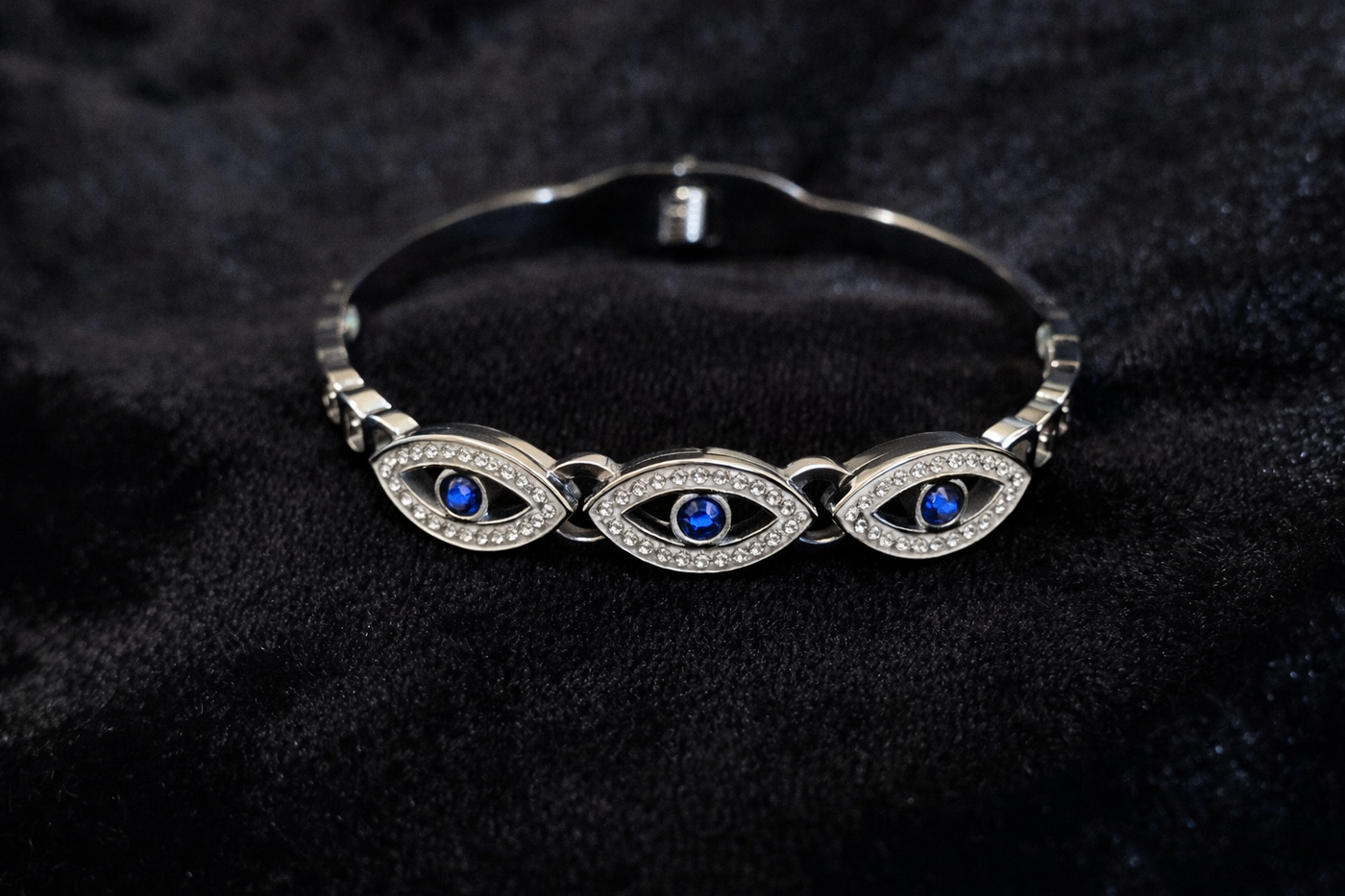 Silver Evil Eye Bracelet with Blue Crystals