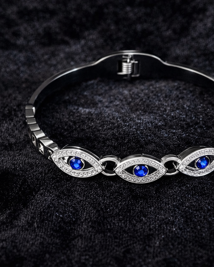 Silver Evil Eye Bracelet with Blue Crystals
