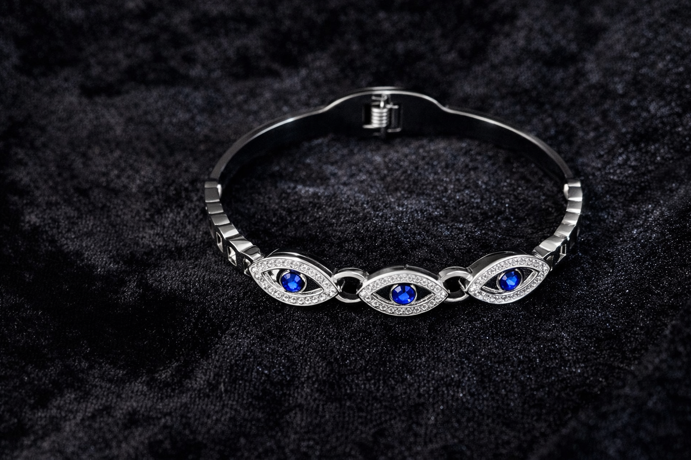 Silver Evil Eye Bracelet with Blue Crystals