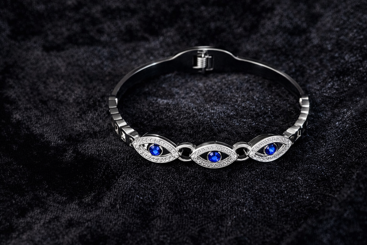 Silver Evil Eye Bracelet with Blue Crystals