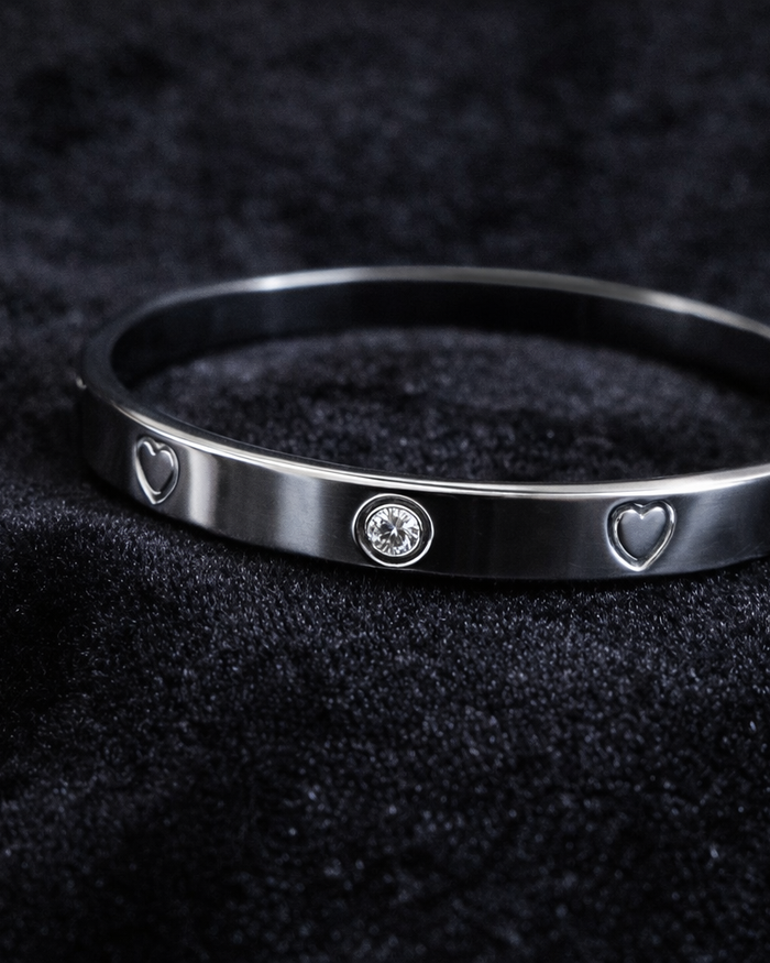 Heart & Crystal Stainless Steel Bangle
