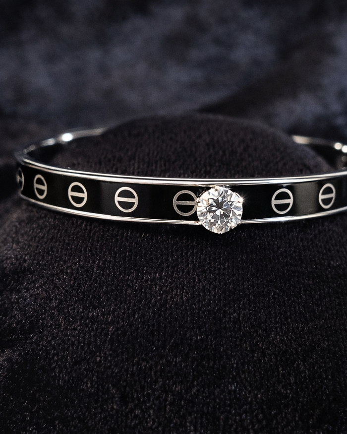 Modern Black Enamel Bangle with Crystal Accent