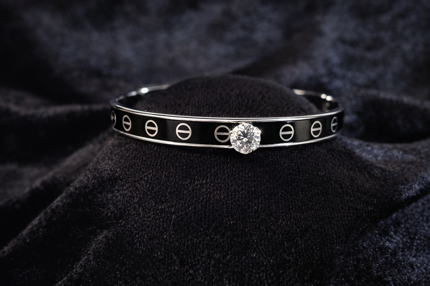 Modern Black Enamel Bangle with Crystal Accent