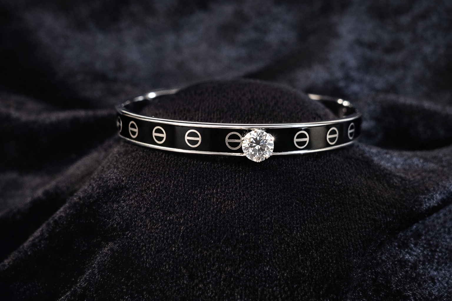 Modern Black Enamel Bangle with Crystal Accent