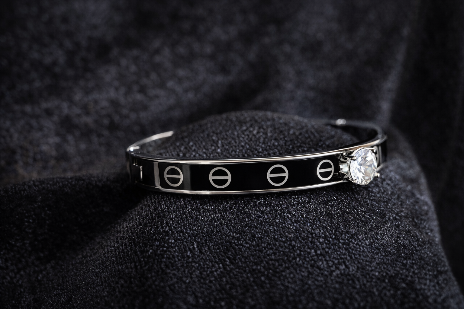 Modern Black Enamel Bangle with Crystal Accent