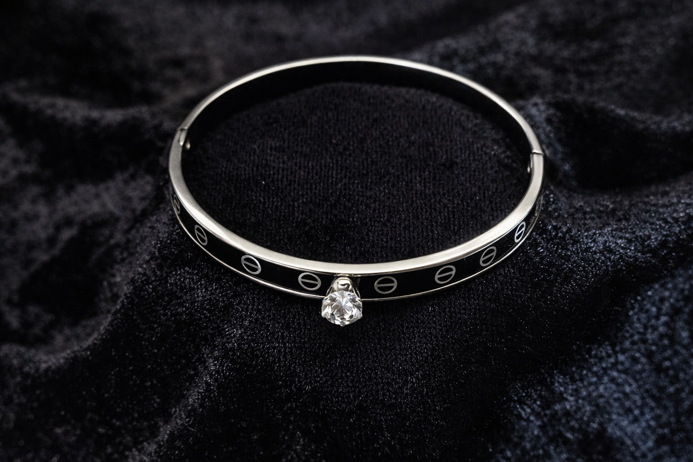 Modern Black Enamel Bangle with Crystal Accent