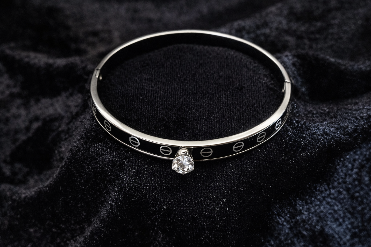 Modern Black Enamel Bangle with Crystal Accent