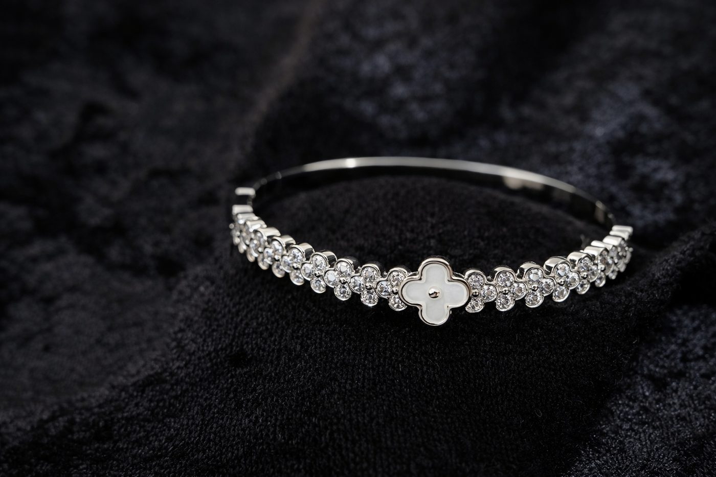 Silver Floral Crystal Bangle Bracelet