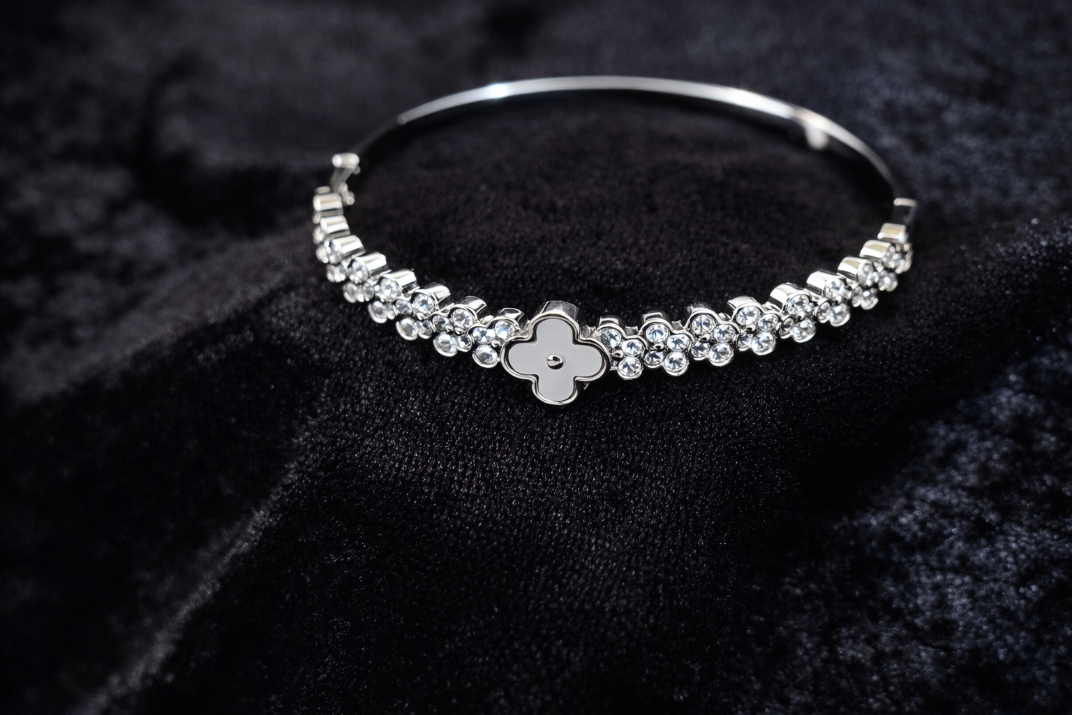 Silver Floral Crystal Bangle Bracelet