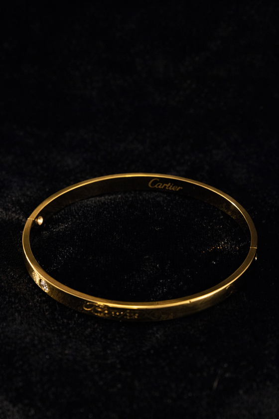 Gold Screw-Detail Bangle with Crystal Accent